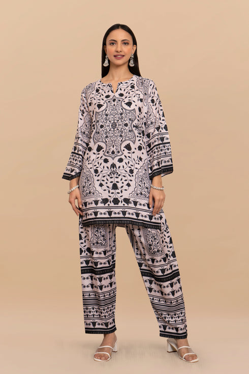 Printkari Poly Muslin Co-ord set in White & Black