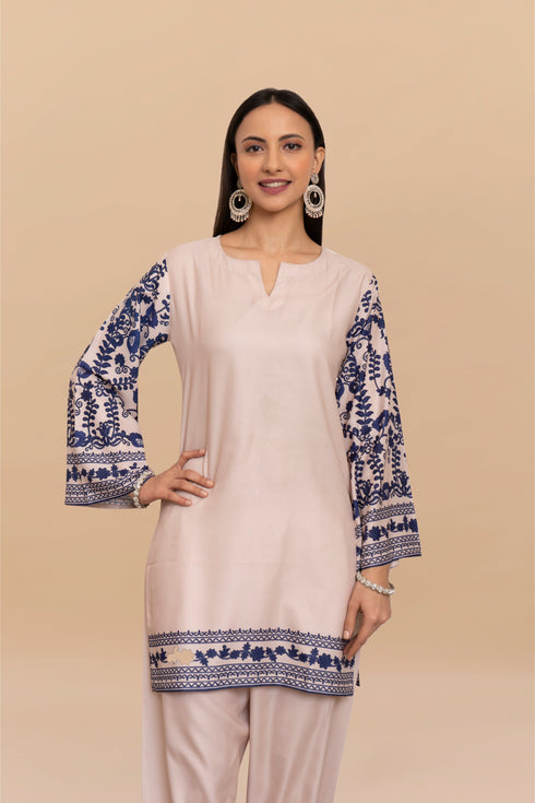 Printkari Poly Muslin Co-ord set in Beige Blue