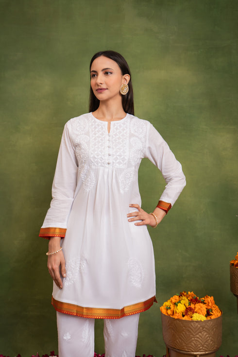 Cotton Chikankari Short Kurta in White