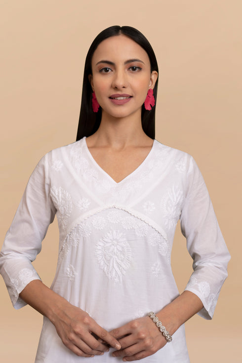 Cotton Chikankari Short Kurta in White