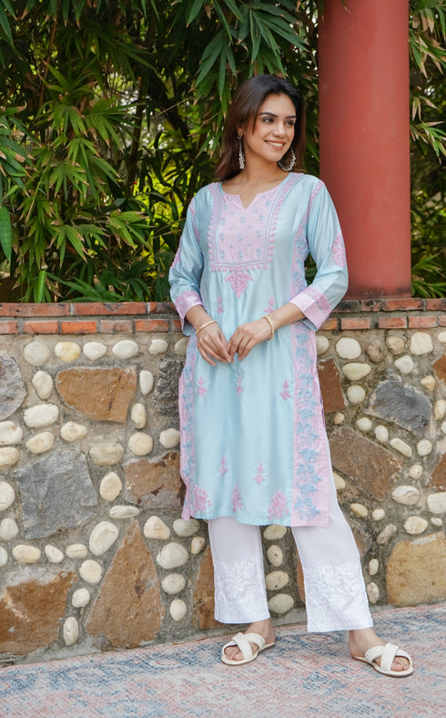Saba Chikankari kurta in Chanderi Silk - Turquoise Blue With Pink