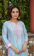 Saba Chikankari kurta in Chanderi Silk - Turquoise Blue With Pink