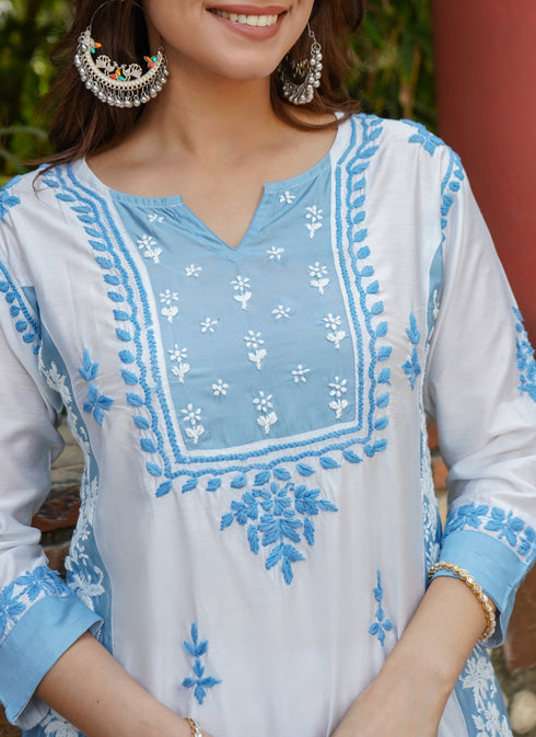 Saba Chikankari kurta in Chanderi Silk - White With Blue