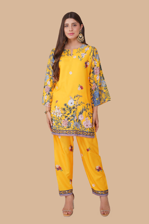 Komal x HOK Printkari Poly Muslin Co-ord set in Yellow