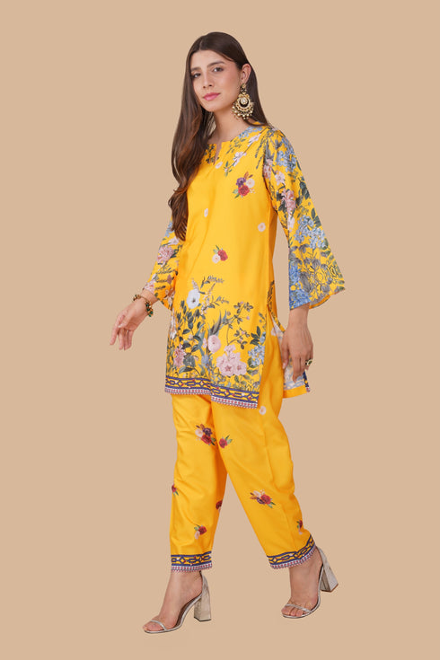 Komal x HOK Printkari Poly Muslin Co-ord set in Yellow