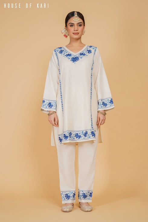 Bhavya in Kashmiri Aari Work Cotton Kurta Set - White With Blue