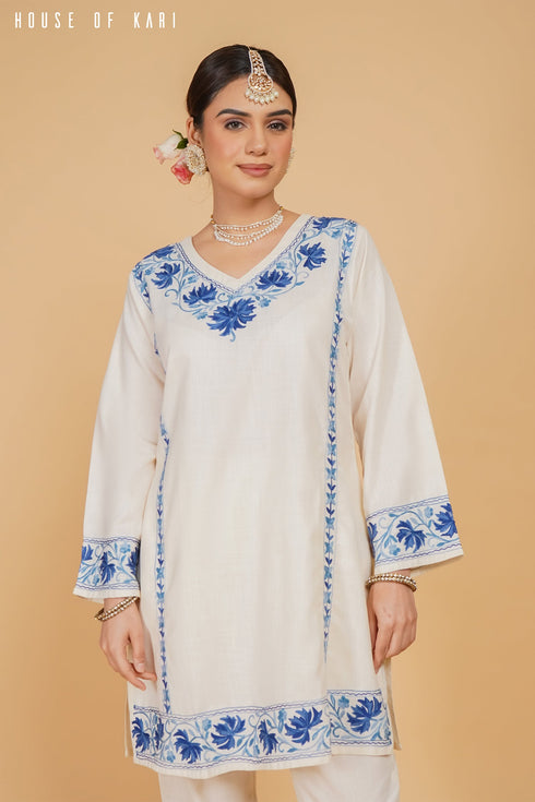 Kashmiri Aari Work Cotton Kurta Set - White With Blue