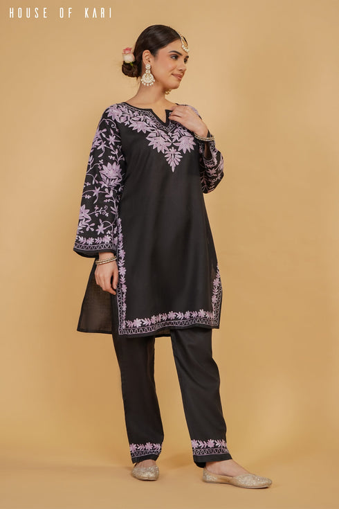 Kashmiri Aari Work Cotton Kurta Set - Black with Purple