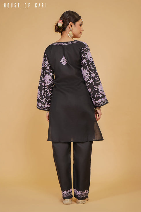 Kashmiri Aari Work Cotton Kurta Set - Black with Purple