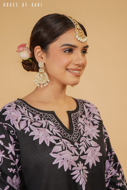 Kashmiri Aari Work Cotton Kurta Set - Black with Purple