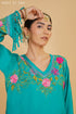 Kashmiri Aari Work Cotton Kurta Set - Tourquise Green