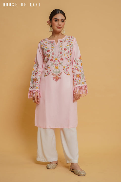 Kashmiri Aari Work Cotton Long Kurta – Pink