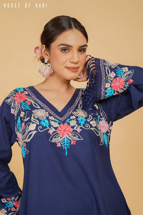 Kashmiri Aari Work Cotton Kurta – Royal Blue