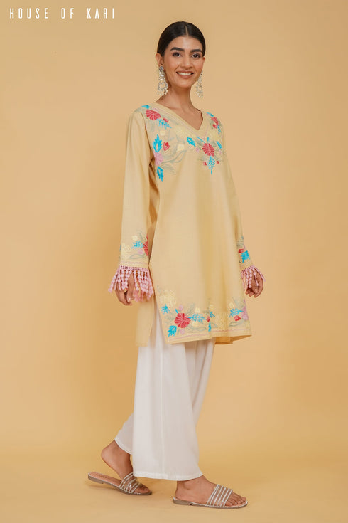 Shivani in Kashmiri Aari Work Cotton Short Kurta – Beige