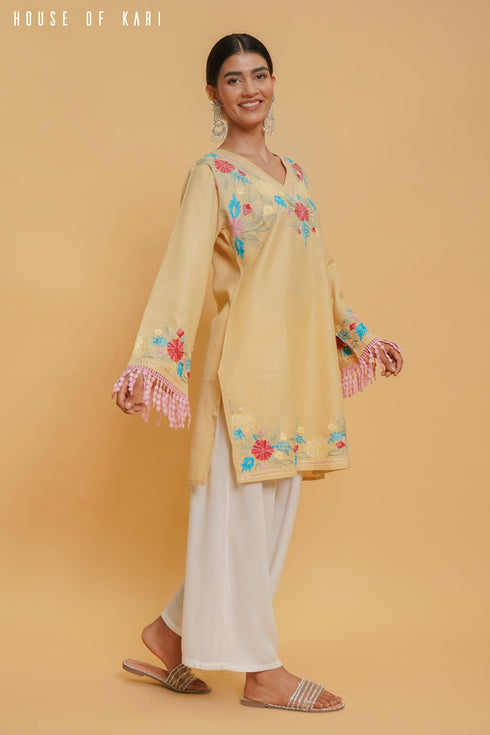 Shivani in Kashmiri Aari Work Cotton Short Kurta – Beige