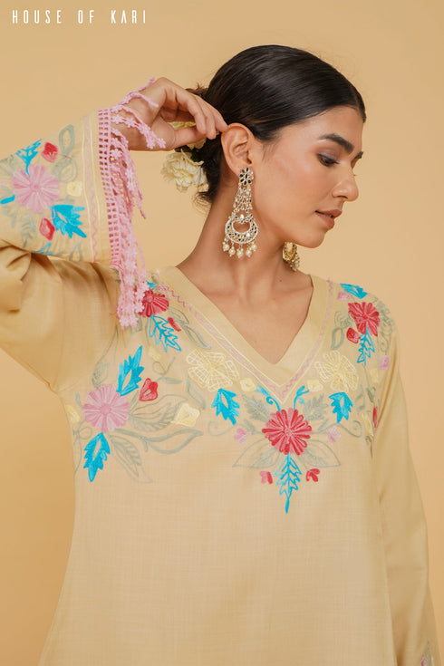 Shivani in Kashmiri Aari Work Cotton Short Kurta – Beige