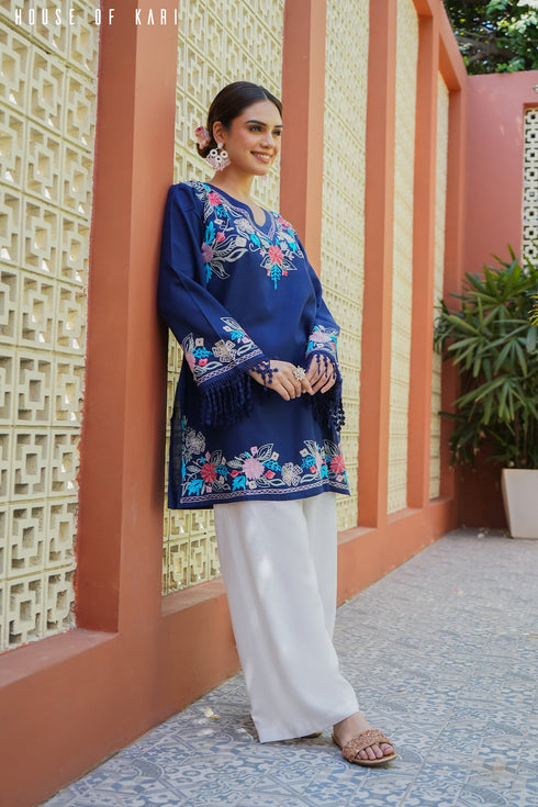 Kashmiri Aari Work Cotton Kurta – Royal Blue