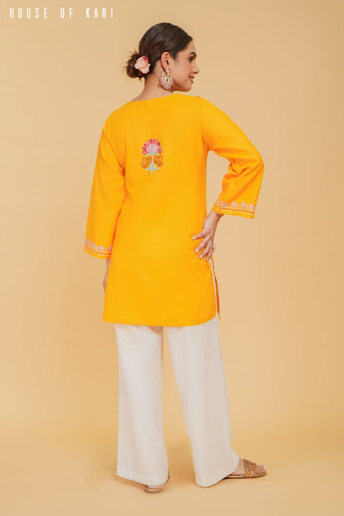 Kashmiri Aari Work Cotton Short Kurta – Mustard