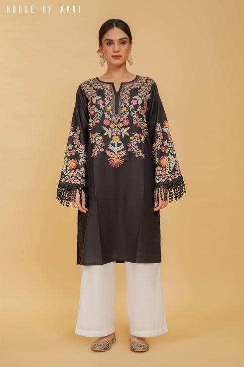 Kashmiri Aari Work Cotton Long Kurta – Black