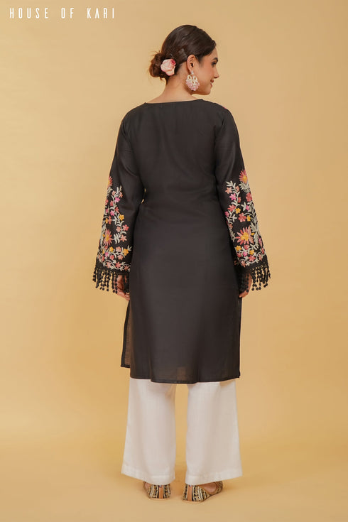 Kashmiri Aari Work Cotton Long Kurta – Black