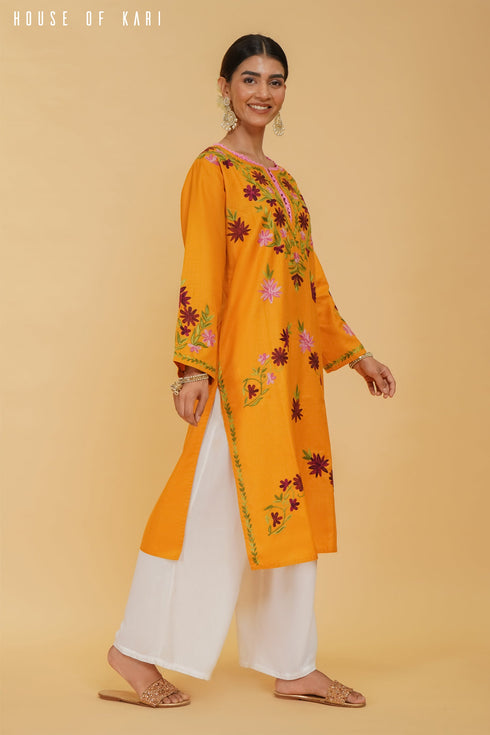 Kashirmir Aari Work Long Kurta - Mustard