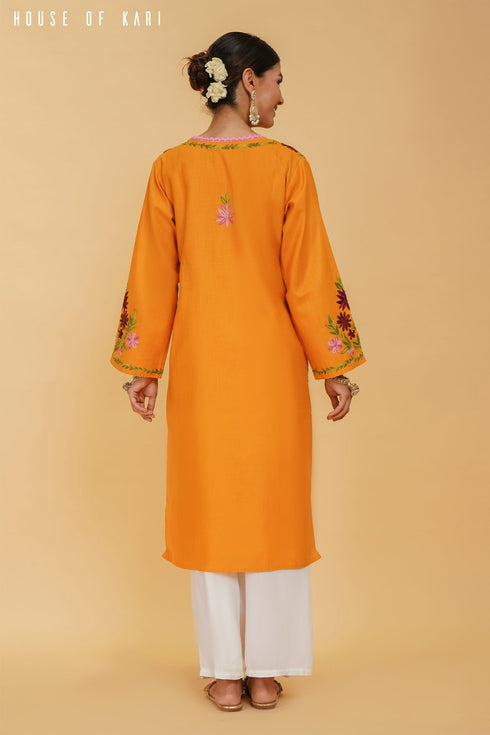 Kashirmir Aari Work Long Kurta - Mustard