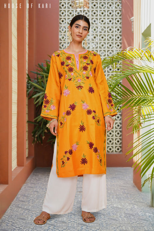 Kashirmir Aari Work Long Kurta - Mustard