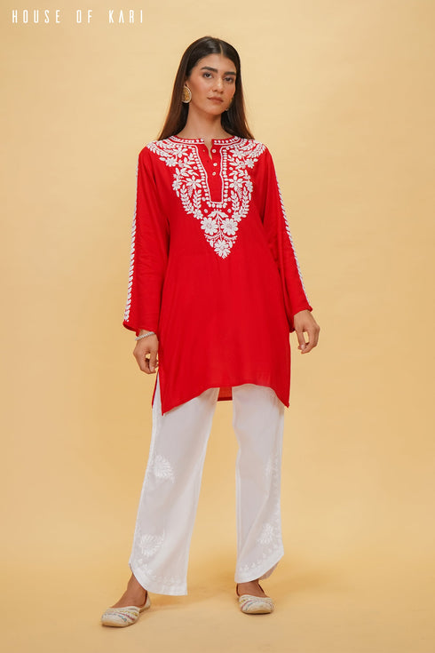 Rayon Chikankari Short Kurta in Red