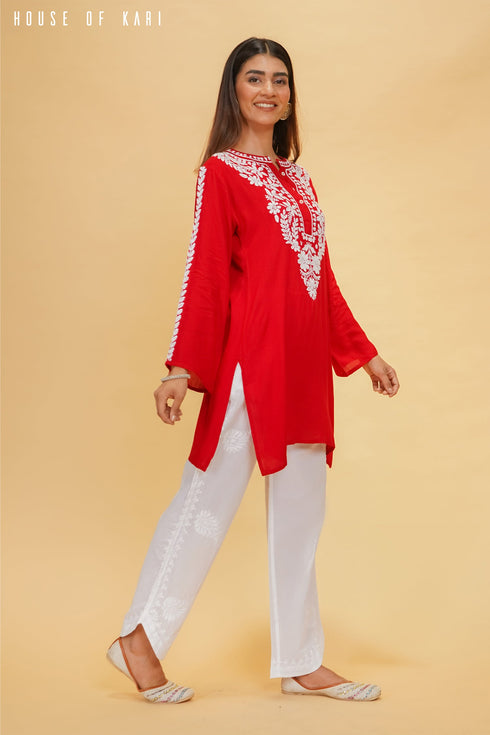 Rayon Chikankari Short Kurta in Red