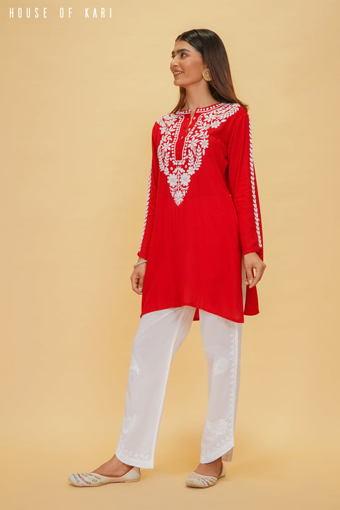 Rayon Chikankari Short Kurta in Red