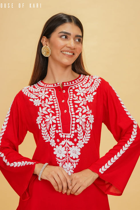 Rayon Chikankari Short Kurta in Red