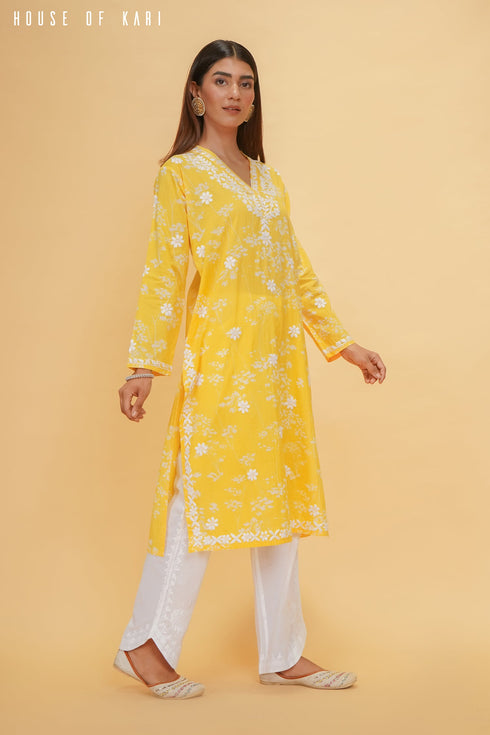 Ishita in Mul Cotton Chikankari Long Kurta in Yellow