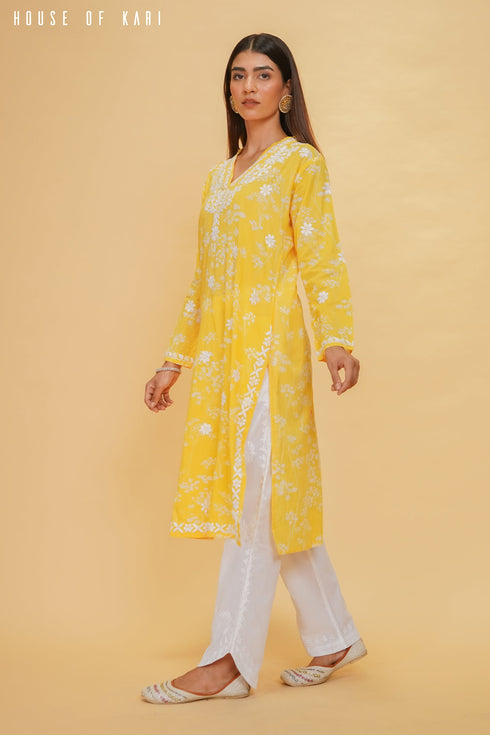 Mul Cotton Chikankari Long Kurta in Yellow