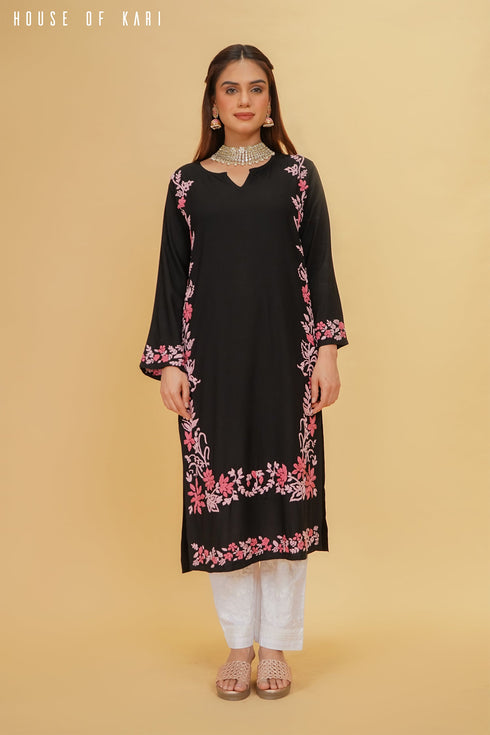 Taniya in Rayaon Chikankari Kurta in Black Pink Hand Embroidery