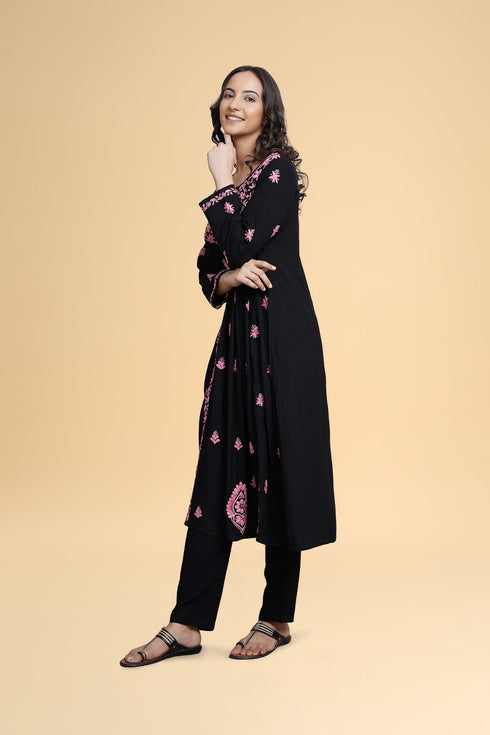 Gargi in Saba Chikankari Long Kurta in Rayon Cotton - Black