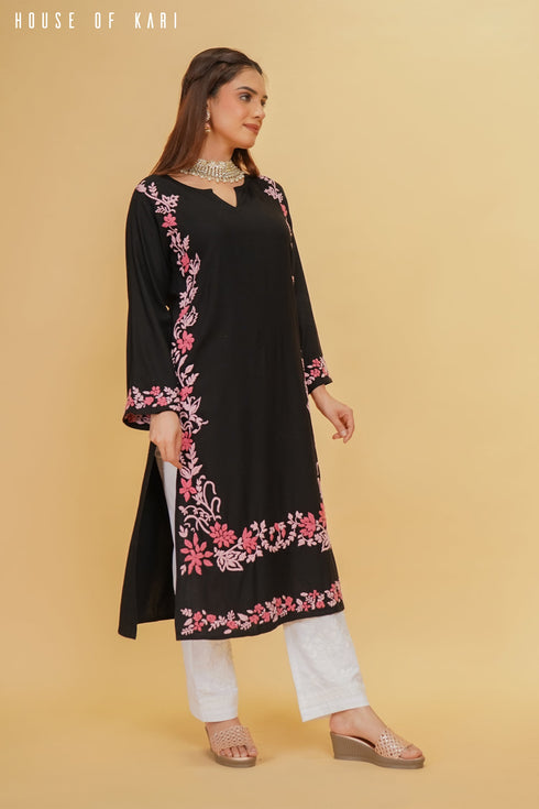 Taniya in Rayaon Chikankari Kurta in Black Pink Hand Embroidery