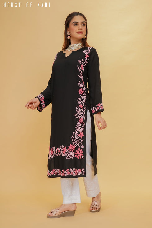 Taniya in Rayaon Chikankari Kurta in Black Pink Hand Embroidery