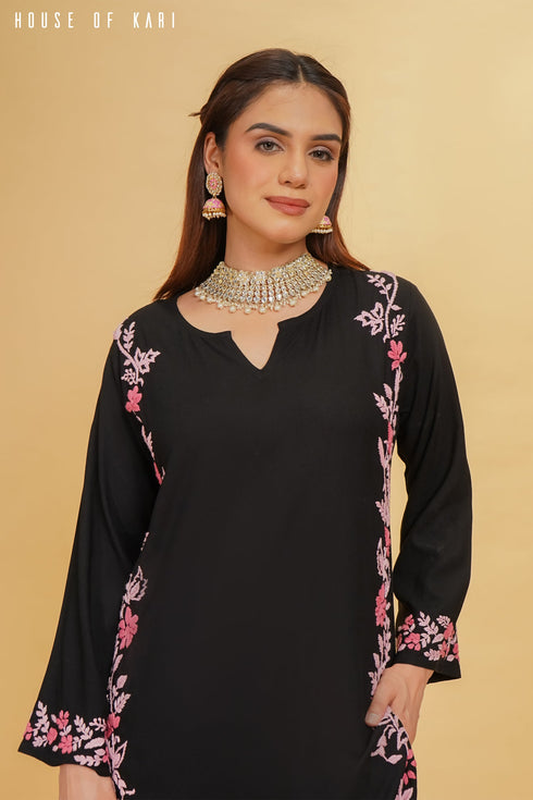 Taniya in Rayaon Chikankari Kurta in Black Pink Hand Embroidery