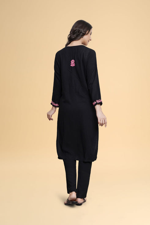 Saba Chikankari Long Kurta in Rayon Cotton - Black