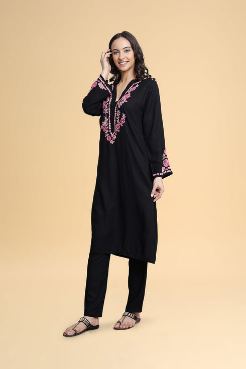 Saba Chikankari Long Kurta in Rayon Cotton - Black