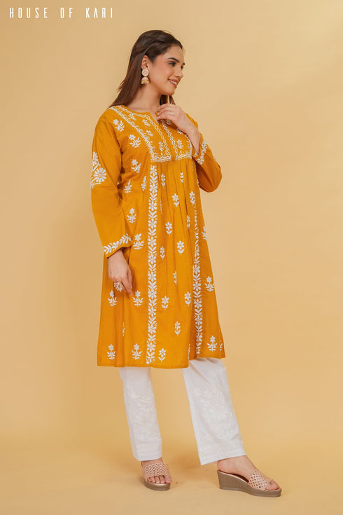 Cotton Chikankari Flared Kurta in Mustard Yellow