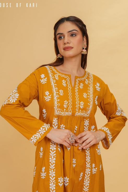 Cotton Chikankari Flared Kurta in Mustard Yellow