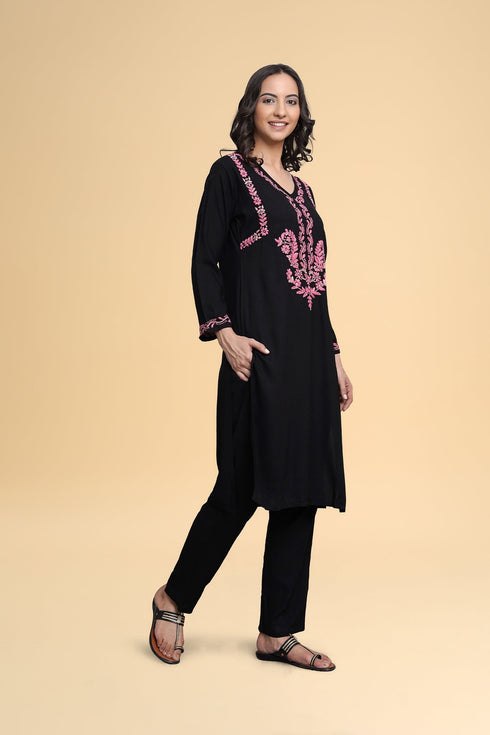 Saba Chikankari Long Kurta in Rayon Cotton - Black