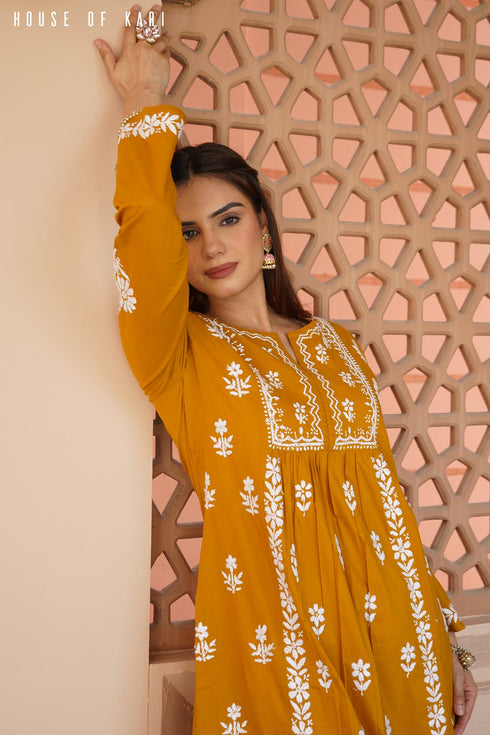 Cotton Chikankari Flared Kurta in Mustard Yellow