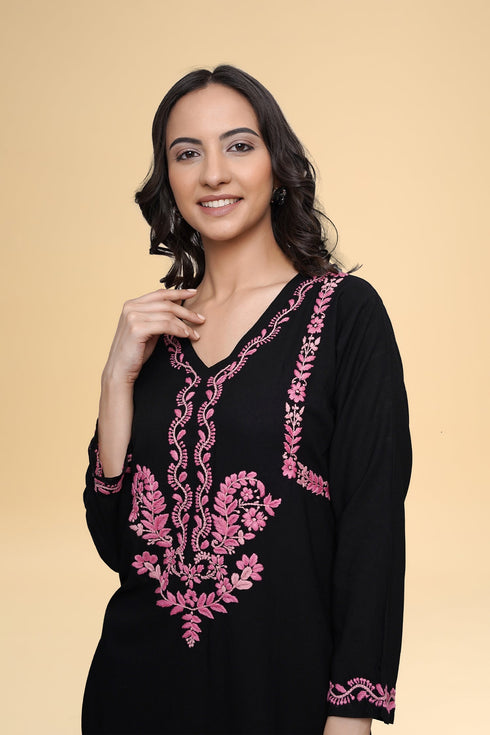 Saba Chikankari Long Kurta in Rayon Cotton - Black