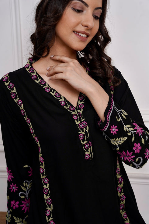 Saba Chikankari Kurta Set in Rayon Cotton - Black