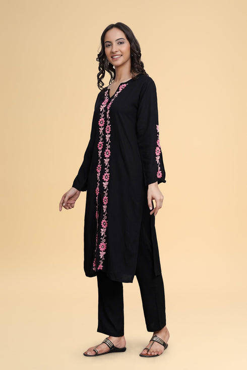 Saba Chikankari Long Kurta in Rayon Cotton - Black