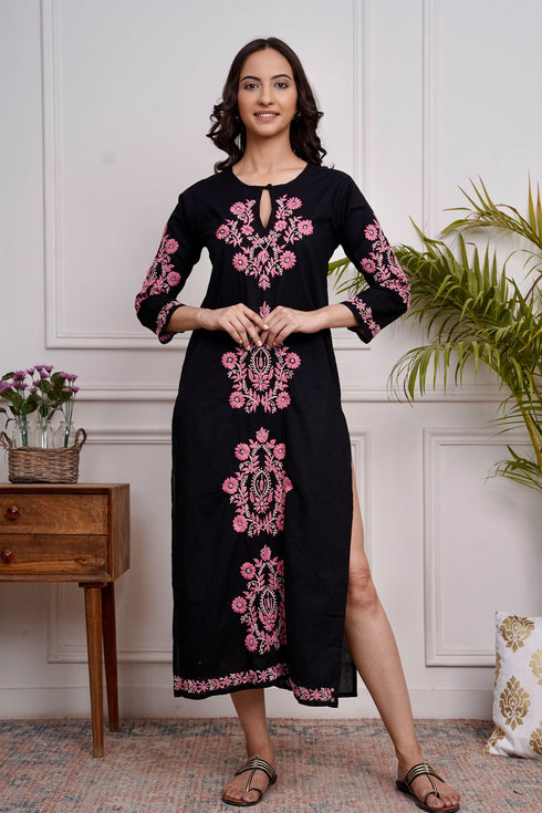 Saba Chikankari Long Kurti in Cotton - Black