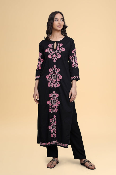 Saba Chikankari Long Kurti in Cotton - Black