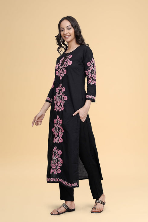 Saba Chikankari Long Kurti in Cotton - Black